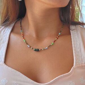 Bohemian Multicolor Picasso Jasper Seed Bead & Turquoise Necklace.